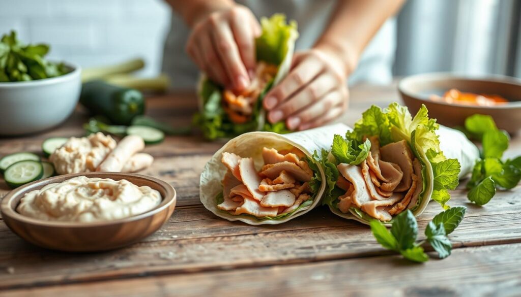 making turkey and hummus wraps